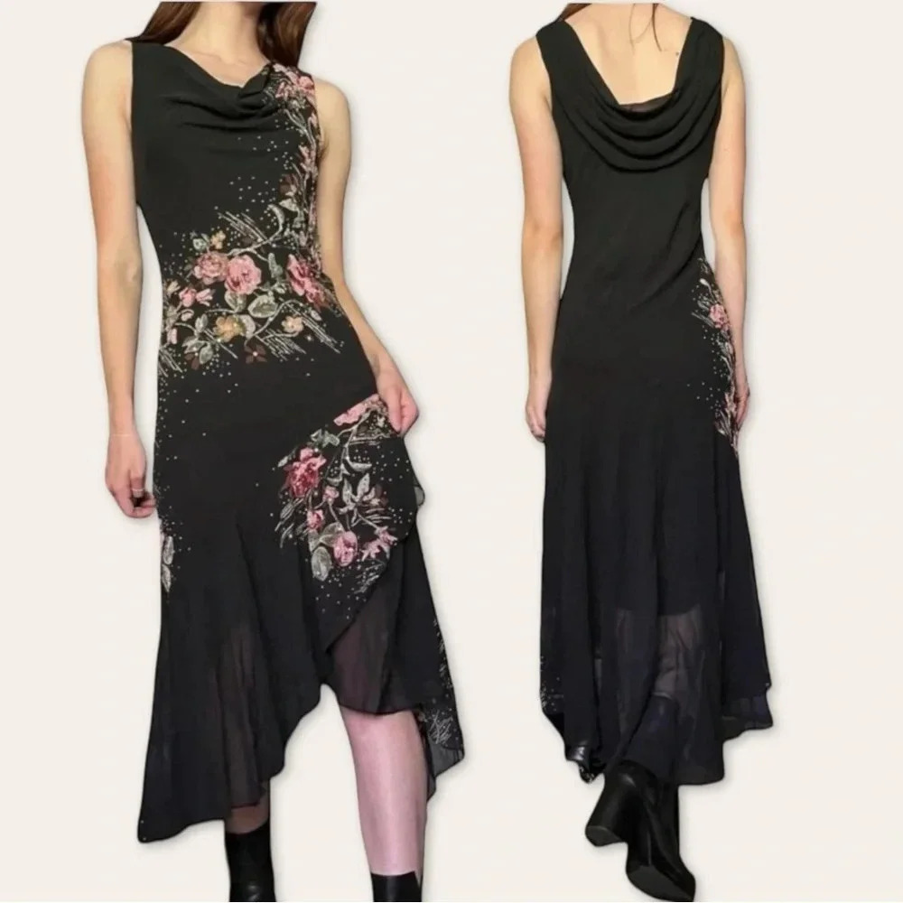 Alex Evenings 90s vintage beaded chiffon cowl neck maxi dress whimsigoth fairy